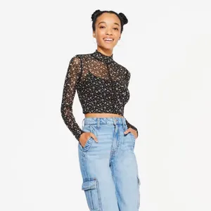 Aeropostale‎ Womens Small Floral Sheer Mesh Mock Neck Crop Top Whimsigoth thumbnail 5