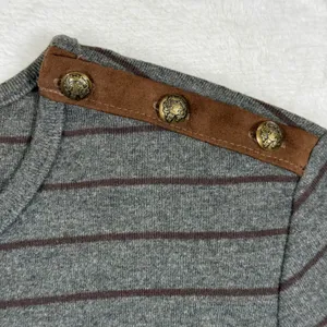 Lauren‎ Ralph Lauren Petite Gray Striped Button Shoulder Long Sleeve Top PL thumbnail 5