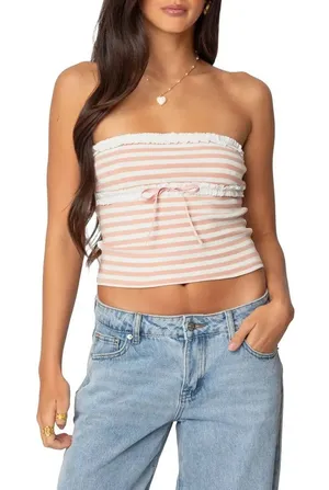 Edikted Lexi Ribbed blush and white Tube Top‎ thumbnail 1