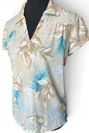 Caribbean Joe Petite Medium Tropical Palm Print Blouse V-Neck Cap Sleeve Tan thumbnail 2