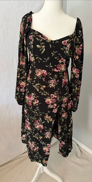 Forever 21 Black Floral Long-Sleeve Midi Dress with Pink Roses thumbnail 1
