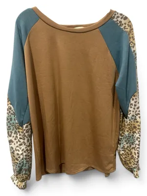 L BiBi Teal and Camel Raglan Top with Leopard Print Sleeves thumbnail 5