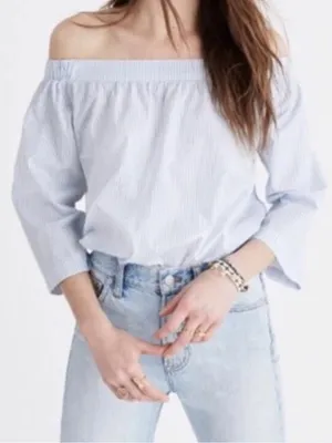 Madewell Coastal Nostalgia Summer Vac Blue Striped Off Shoulder 3/4 Sleeve Top S thumbnail 1