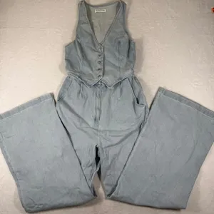 Amanda Uprichard Denim Jumpsuit Light Wash Wide Leg Sleeveless V-Neck Medium thumbnail 1