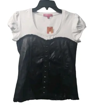 GLO Jeans Corset Top‎ White Black Short Sleeve Hook Eye Closure Size M thumbnail 1