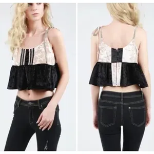 Black Velvet Babydoll Crop Top MEDIUM Ruffle Camisole Dark Romance Going Out NEW thumbnail 2