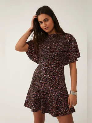 Free People Florence Black Pink FloralPrint Short Sleeve Mini Dress thumbnail 2