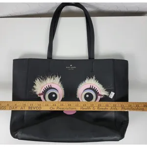 Kate Spade Womens Shoulder Bag Black Monster Eyes Hallie 100% Cow Leather Tote thumbnail 4