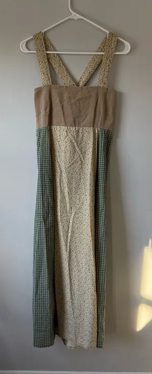 VTG KIND KLOTHING Boho Hippie Patchwork Maxi Dress Floral Straps Beige Green S M thumbnail 1
