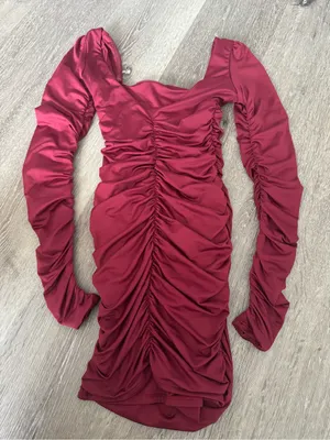 Oh Polly Ruched Long-Sleeve Bodycon Dress in Burgundy (0) thumbnail 3