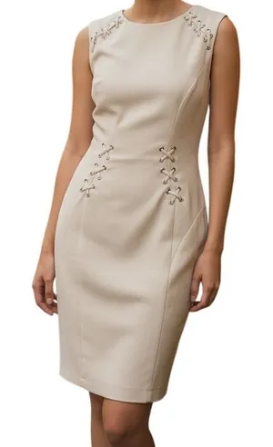 CACHE‎ Ivory Lace Up Grommet Cut Out Back Sleeveless Sheath Dress EUC Size 6 thumbnail 1