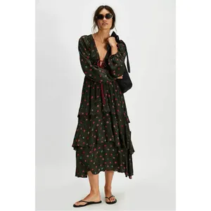 Free People Bohemian Gypsy Tiered Ruffle Maxi Dress Size Medium Witchy Plunge thumbnail 12