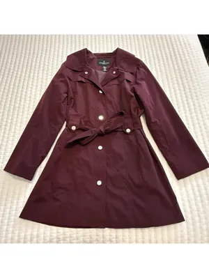 London Fog Burgundy Belted Collared Trench Coat Sz L Large Missing The Hood thumbnail 15