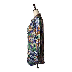 Joy Joy Dress Women Medium Blue Green Abstract‎ Long Sleeve Ruffle Neck Mini thumbnail 5