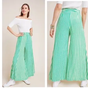 NWOT Anthropologie Mackenzie Striped Extra Wide Green/White Gaucho Crop Pants Sz 10 thumbnail 3