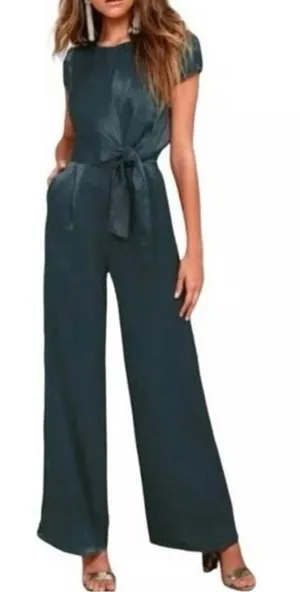 Lulus Let Me Entertain You Dark Green Satin Wide Leg Jumpsuit Tie Front Size XS thumbnail 1