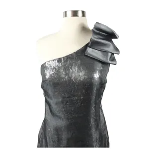 AQUA Cocktail Dress One Shoulder Metallic Silver Pewter Sequins Bow Accent 2 thumbnail 3