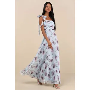 NWT Lulus Gorgeous Purpose Blue Floral Pleated Sleeveless Bow Maxi Dress Size M thumbnail 8