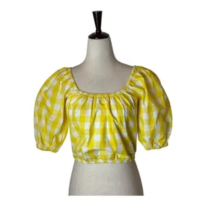 Color Me Courtney Shirt Women Small Yellow White Gingham Cropped Kris Top Boho‎ thumbnail 4