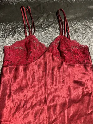 Womens large Darjeeling vibrant ruby red satin slip nightgown. thumbnail 3