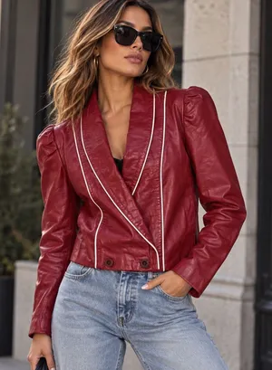 Vintage 80s Wilsons Red Genuine Leather Puff Sleeve Cropped Jacket Size 12 thumbnail 1