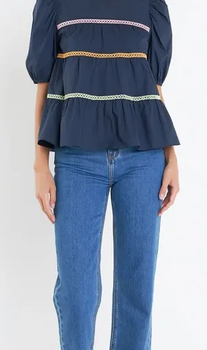 English Factory Navy Top with Multicolor Accents thumbnail 1