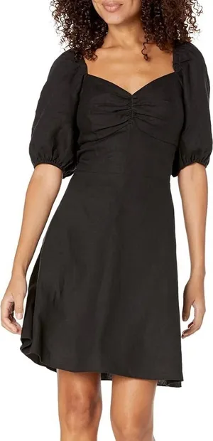 The Drop Linen Black Nala Twist Front Puff Sleeve Mini Dress Size XXS thumbnail 1