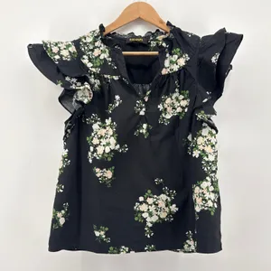 Sugarlips Black Emery Floral‎ Split Neck Ruffle Sleeve Cotton Top Medium Womens thumbnail 4