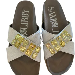 Sam & Libby white Sandals Yellow Rhinestone Coastal Birkenstock style slides thumbnail 2