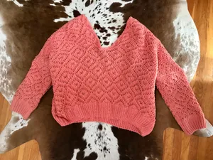 VICI Chenille oversized coral chunky knit V-neck sweater sz S thumbnail 3