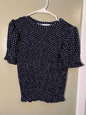 Time and Tru Women’s Size XS 0-2 Smocked Top Short Puff Sleeves Navy Blue White thumbnail 3