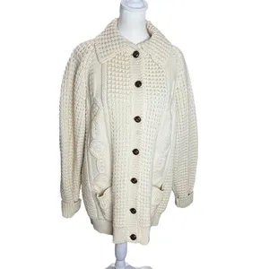 Bonner of Ireland Handloomed 100% Wool Aran Cable Knit Cardigan Cream XL thumbnail 2