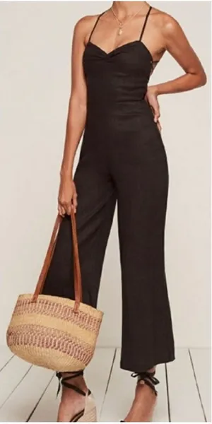 Reformation Oregano Jumpsuit Lace‎ Up Back Linen Black 2 thumbnail 1