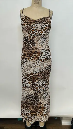 Single Leopard-Print Slip Maxi Dress in Brown and Cream thumbnail 1