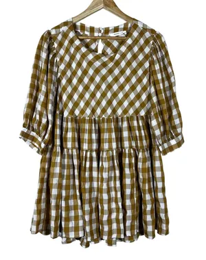 Mustard Seed Gingham Tiered Babydoll Dress Mustard Yellow Farmhouse Size M thumbnail 1