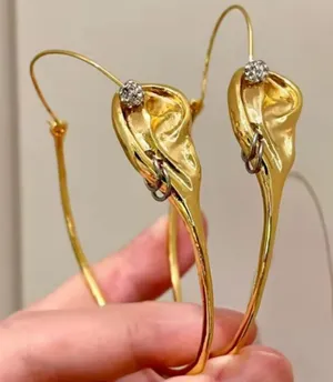 Schiaparelli Style Surrealist Ear Hoop Earrings Gold Tone Statement Dangle - NEW thumbnail 1