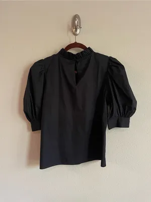 Hunter Bell Stella Top Black Puff Sleeves Ruffle Neck Poplin Blouse Size M thumbnail 5