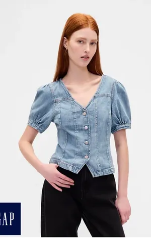 GAP denim puff sleeve seamed top thumbnail 1