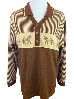 Vintage 80’s brown striped safari theme collar top Brown Size M thumbnail 1