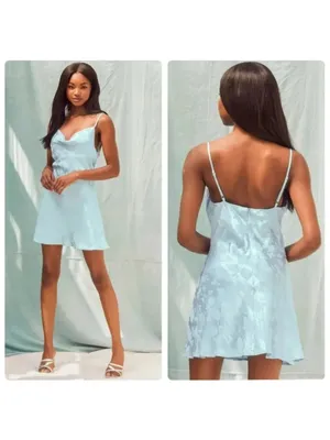 Lulus Close to Your Heart Dusty Blue Satin Jacquard Cowi Slip Dress Size L thumbnail 3