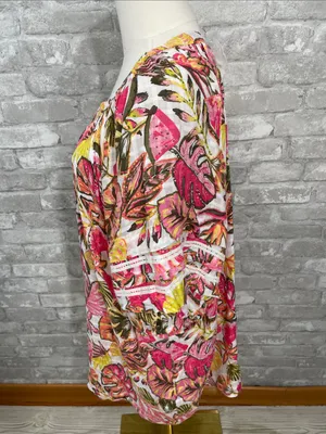 Jane and Delancey Tropical Button-Front Tunic in Pink, Yellow and Green thumbnail 2
