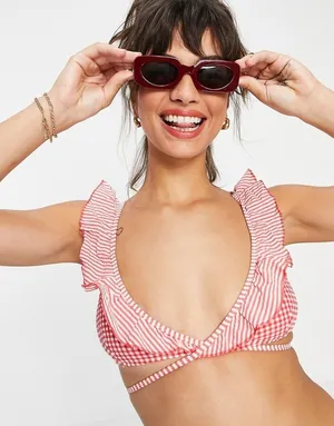 NWOT Aerie Red Gingham Ruffle Wrap Scoop Preppy Beach Summer Bikini Top M thumbnail 1
