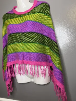 Colorful Striped Poncho Womens One Size Multicolor Fringe Knit Boho Lightweight thumbnail 6