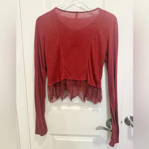 FP INTIMATELY by FREE PEOPLE Lace Trim Long Sleeve Top in Red size‎ Small thumbnail 2