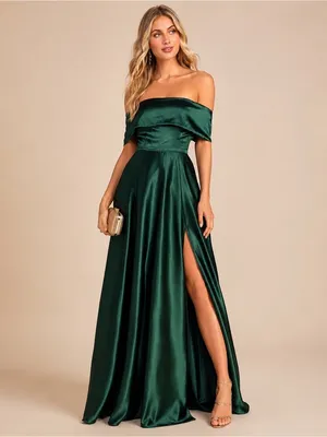 NEW Lulus Greatest Hits Forest Green Satin Off-the-Shoulder Maxi Dress Size XS thumbnail 12