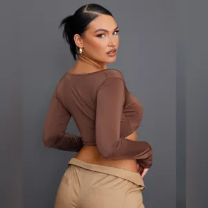 Pretty little thing DARK BROWN SLINKY SQUARE NECK CROP TOP SZ:4 thumbnail 3