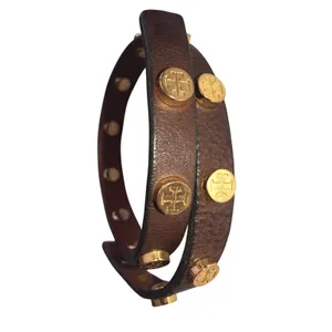 Tory Burch Leather Wrap Bracelet Brown Gold Tone Logo Studs Boho Chic Equestrian thumbnail 2
