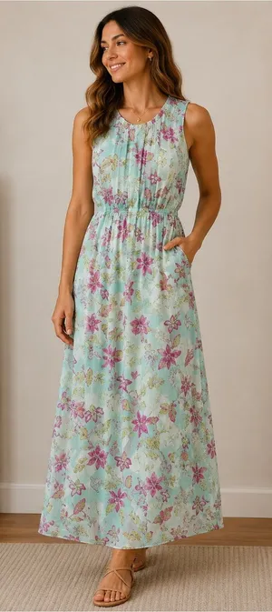 Hatley Floral Aqua Maxi Dress XS | Sleeveless Lined Modal Summer Dress thumbnail 1