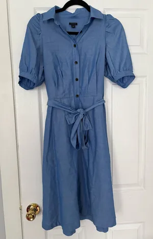Ann Taylor Blue Puff Sleeve Midi Shirt Dress Size Small thumbnail 1