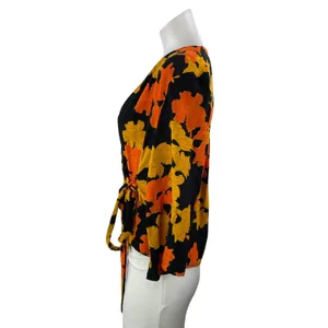 Topshop Women's Black Coral Floral Long Sleeve V Neck Wrap Blouse Top Size 6 thumbnail 2